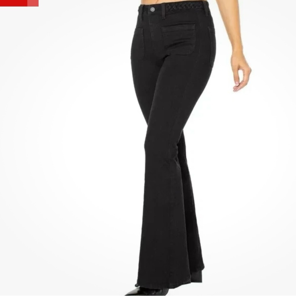 Celebrity Pink Black Flare Jeans stylish braid waist .. New